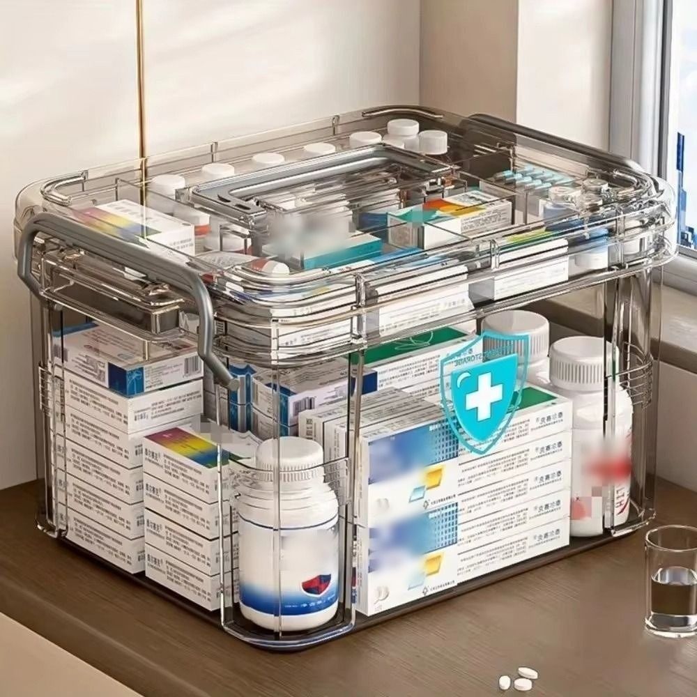 Food Storage Emergency - ポータブル二重層薬収納ボックス ハンドル付き プラスチック製緊急ボックス 防湿コンパートメント 薬箱 家庭用