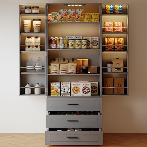 Food Storage Kitchen Cabinet - 72インチLEDキッチンパントリーキャビネット、3段引き出し付きファームハウスタイル背高収納キャビネット、納屋風扉付き木製食品パントリー