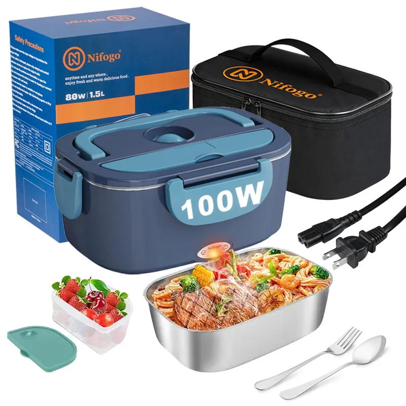 Food Storage Warmer - 100W電気加熱ランチボックス1.5L、304ステンレス鋼製ポータブルフードウォーマーヒーター、断熱キャリーバッグ、スプーン＆フォーク付き、車12V/家庭110Vオフィス旅行用両用ミールコンテナ