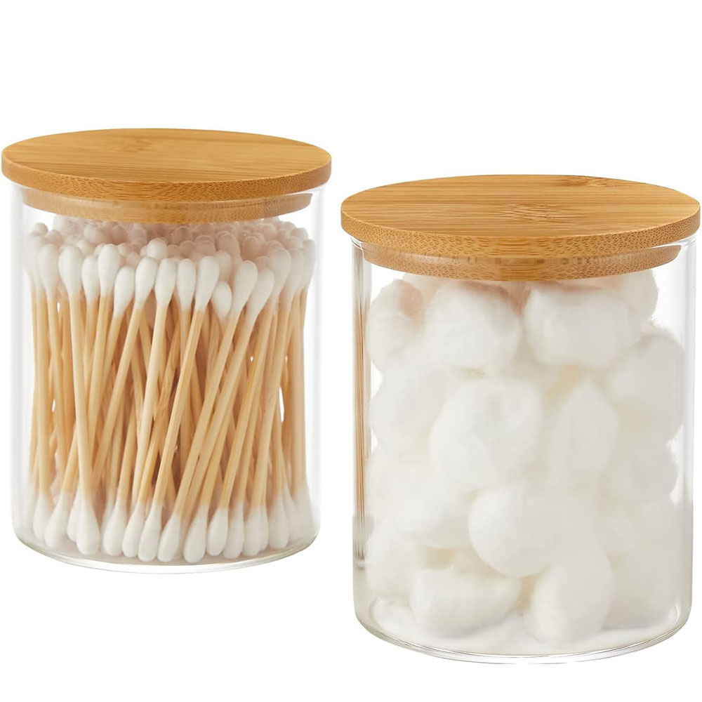 Food Storage With Glass Lids - ガラス製綿棒ホルダーディスペンサー、竹製蓋付き薬瓶、綿球、綿棒ホルダー、バスルーム用キャニスター、瓶