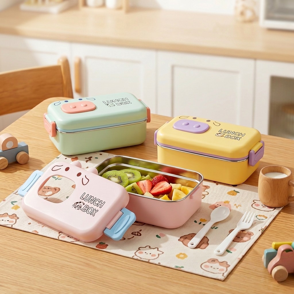 Food Storage Containers B&M - 304ステンレス製弁当箱、漏れ防止仕切り付き子供用ランチボックス、漫画柄、電子レンジ対応食品保存容器、カトラリー付きスナックボックス