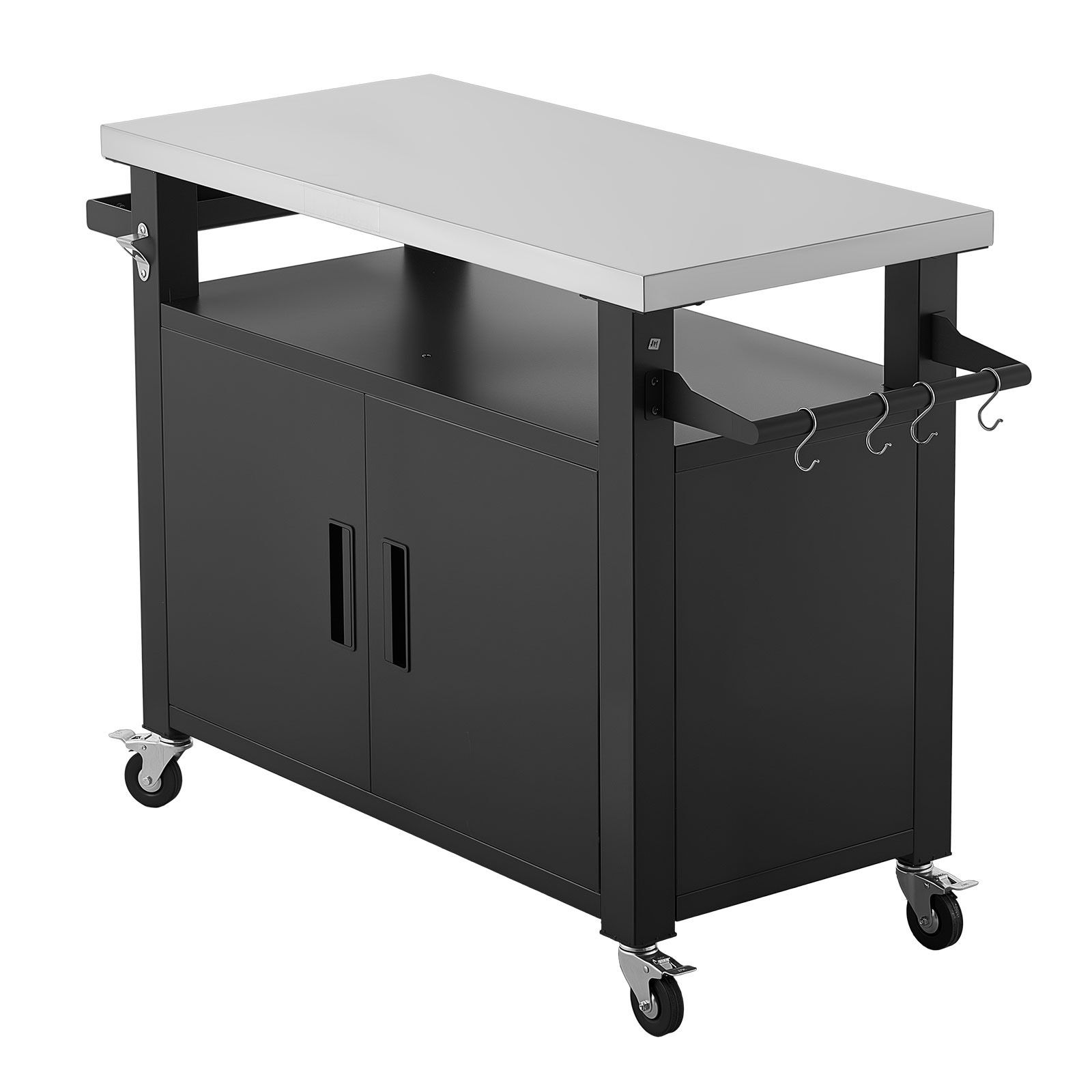 Food Storage Kitchen Cabinet - 屋外グリルカート（収納キャビネット付き）、53.1インチグリルテーブル、ステンレス製天板付き防水キッチンアイランド、棚とホイール付き、パティオバー、裏庭BBQ用可動式食品準備ステーション