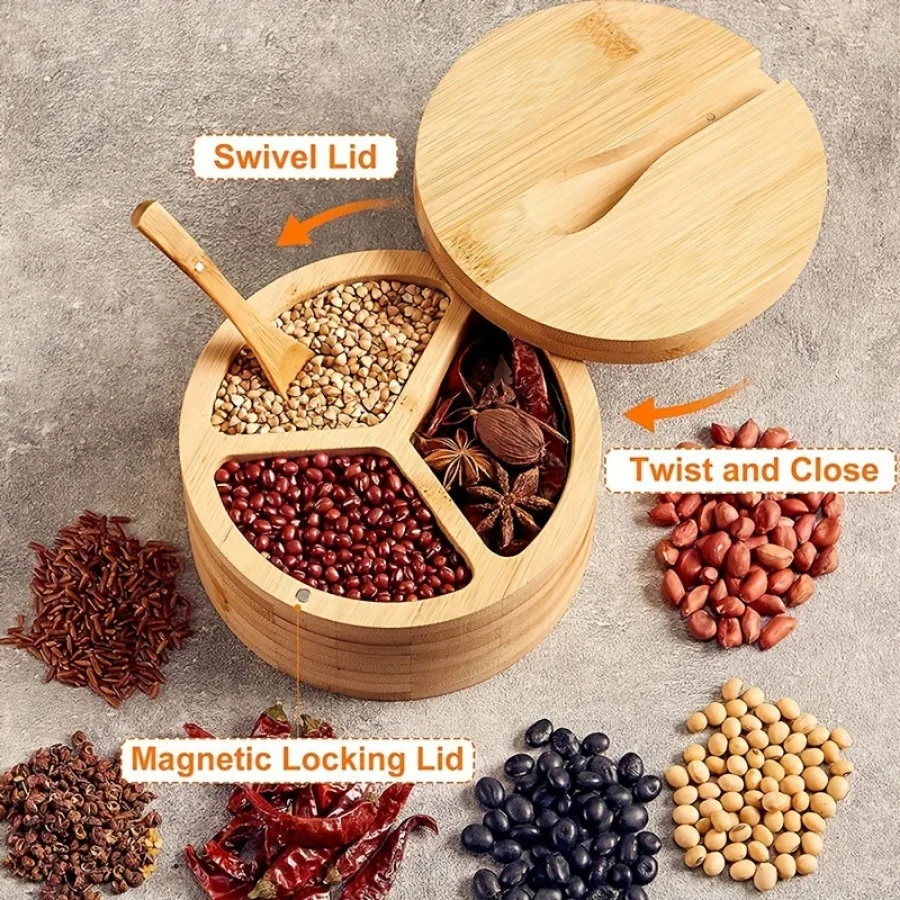 Herb Keeper Container - 竹製の蓋付き木製スプーン調味料入れバスソルト入れキッチン収納調味料容器スプーン付きカウンタートップオーガナイザー
