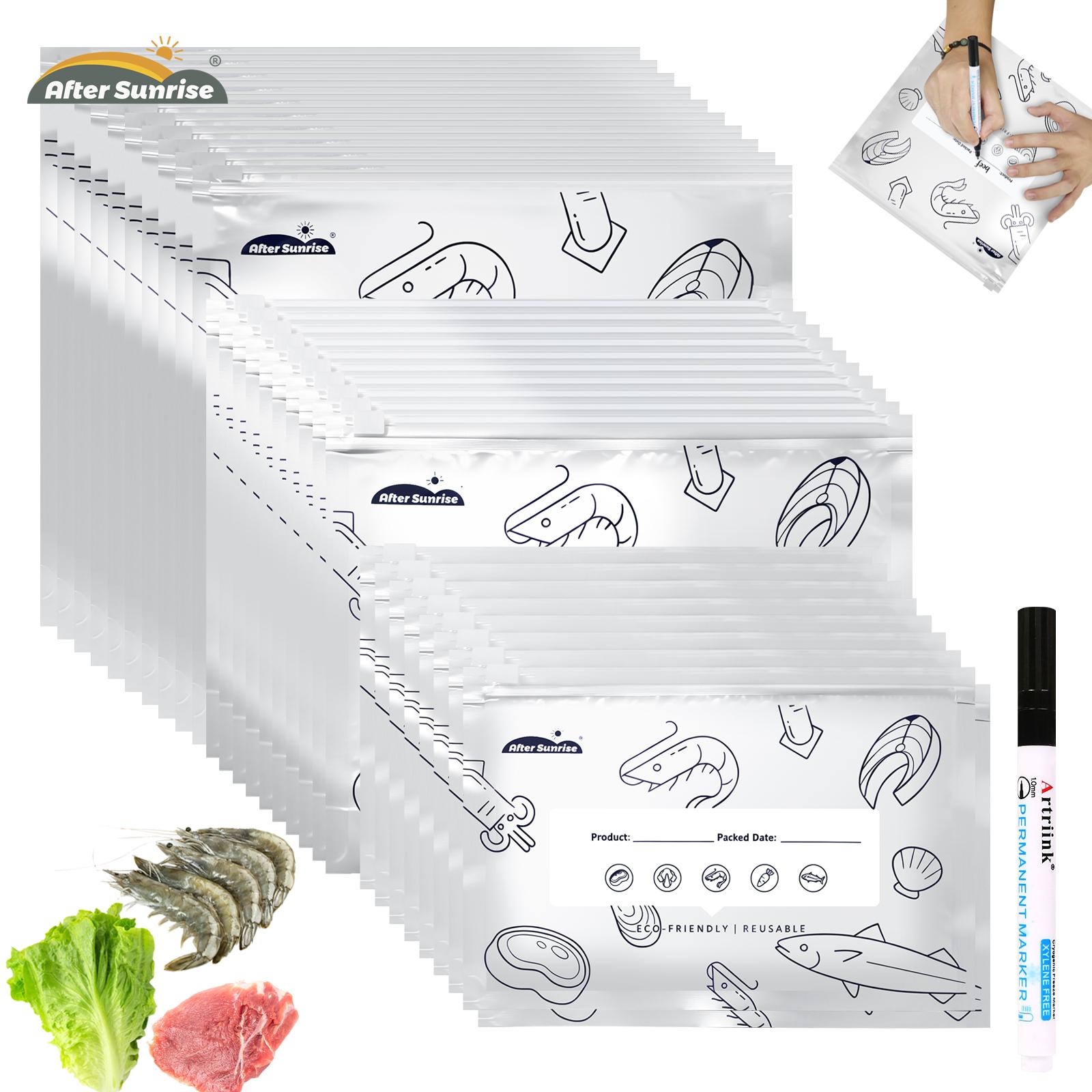 Food Storage Reusable Bags - 【冷蔵食品用】再利用可能なアルミホイル製密封保存袋、Aftersunrise 2026年新発売の食品用再封可能な真空ジッパーポーチ、ラベルとジップロック付きの野菜・果物・肉用自立型アルミホイル密封袋