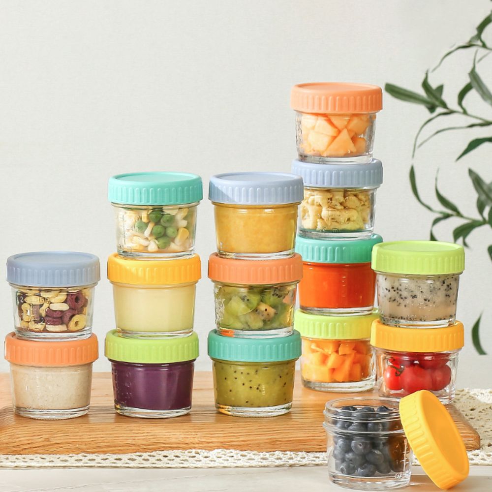 Food Storage With Glass Lids - 6個入りガラス製ベビーフードジャー、再利用可能、蓋付き、ディップソースカップ、漏れ防止、目盛り付き、サラダドレッシング容器、蜂蜜用