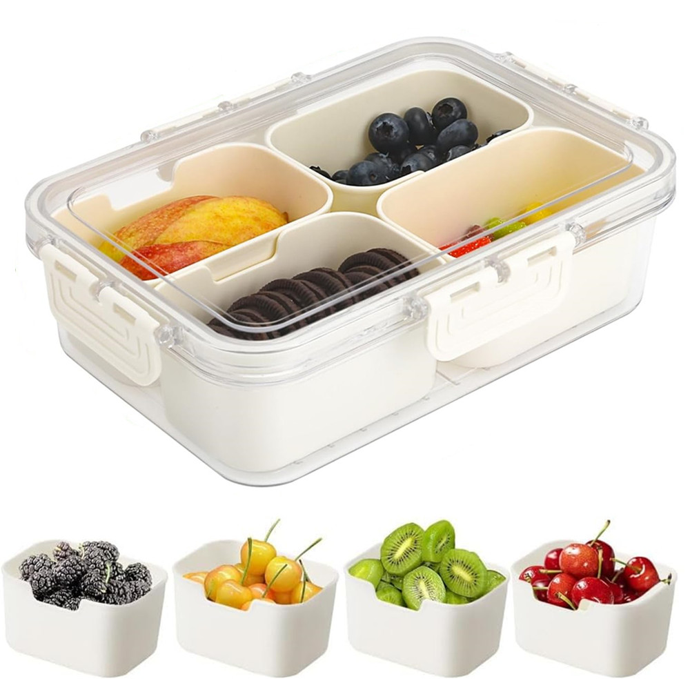 Food Storage Containers B&M - ポータブル食品保存箱、スナック収納ボックス、蓋付き4つのコンパートメント、独立したサービングトレイ、キッチン用スナックボックス、フルーツフードコンテナ