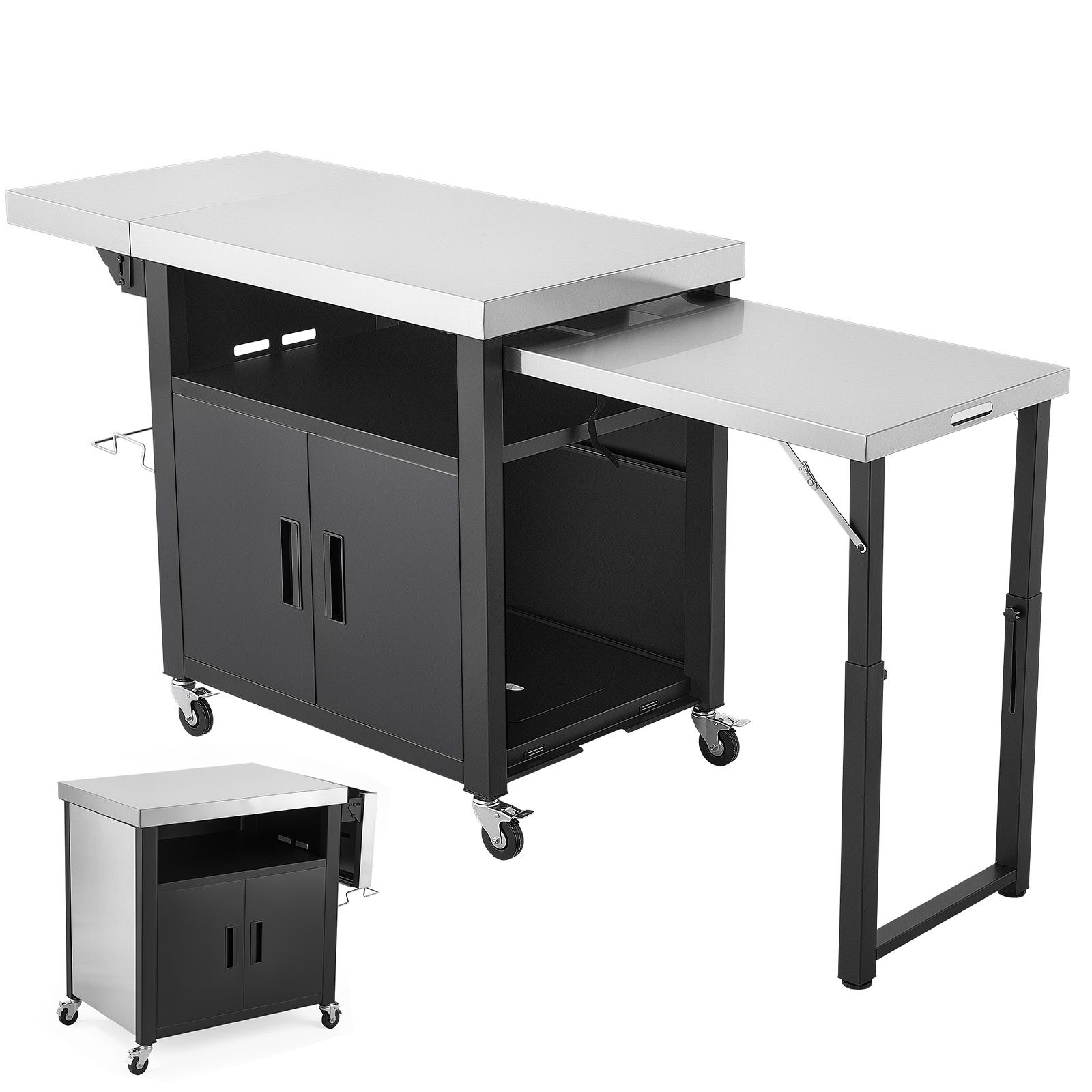 Food Storage Kitchen Cabinet - 屋外グリルカート、収納キャビネット付き、74.8インチグリルテーブル、ステンレス製トップの防水キッチンアイランド、プルアウトプレート、ホイール付き、パティオバー、裏庭BBQ用可動式食品調理ステーション