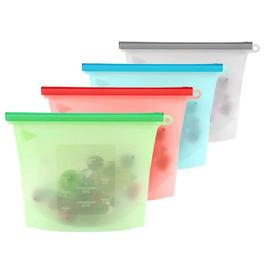 Food Storage Bags Reusable - 1000ml 再利用可能なシリコン食品グレード保存袋 ジップシール ランチ サンドイッチ スナック