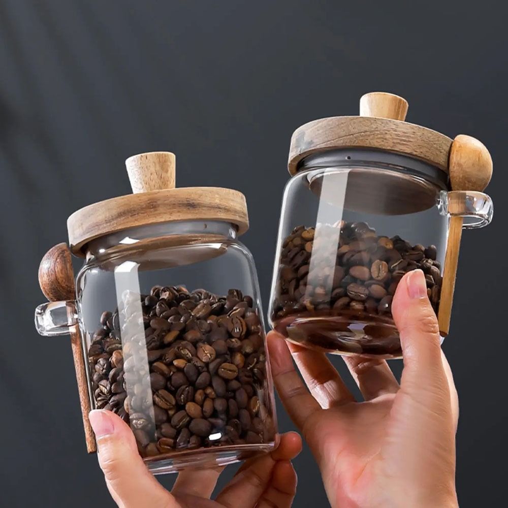Food Storage Set Glass - 防湿コーヒー豆保存瓶 木製蓋付き トップハンドル ガラス密封容器 木製スプーン付き 広口デザイン