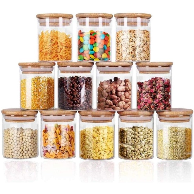 Airtight Cereal Jar - 竹製の密閉蓋とラベル付きガラス瓶12個セット、食品シリアル保存用大型スパイス容器、キッチン用塩砂糖穀物用