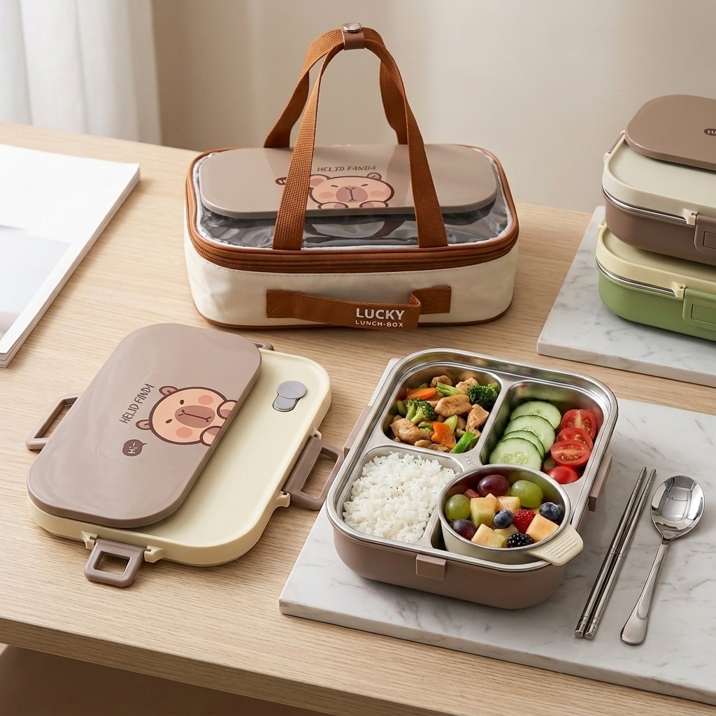 Food Storage Containers B&M - 304ステンレス製弁当箱セット 4/5仕切り食品保存容器 スープボウルとカトラリー付き 大人子供学校用