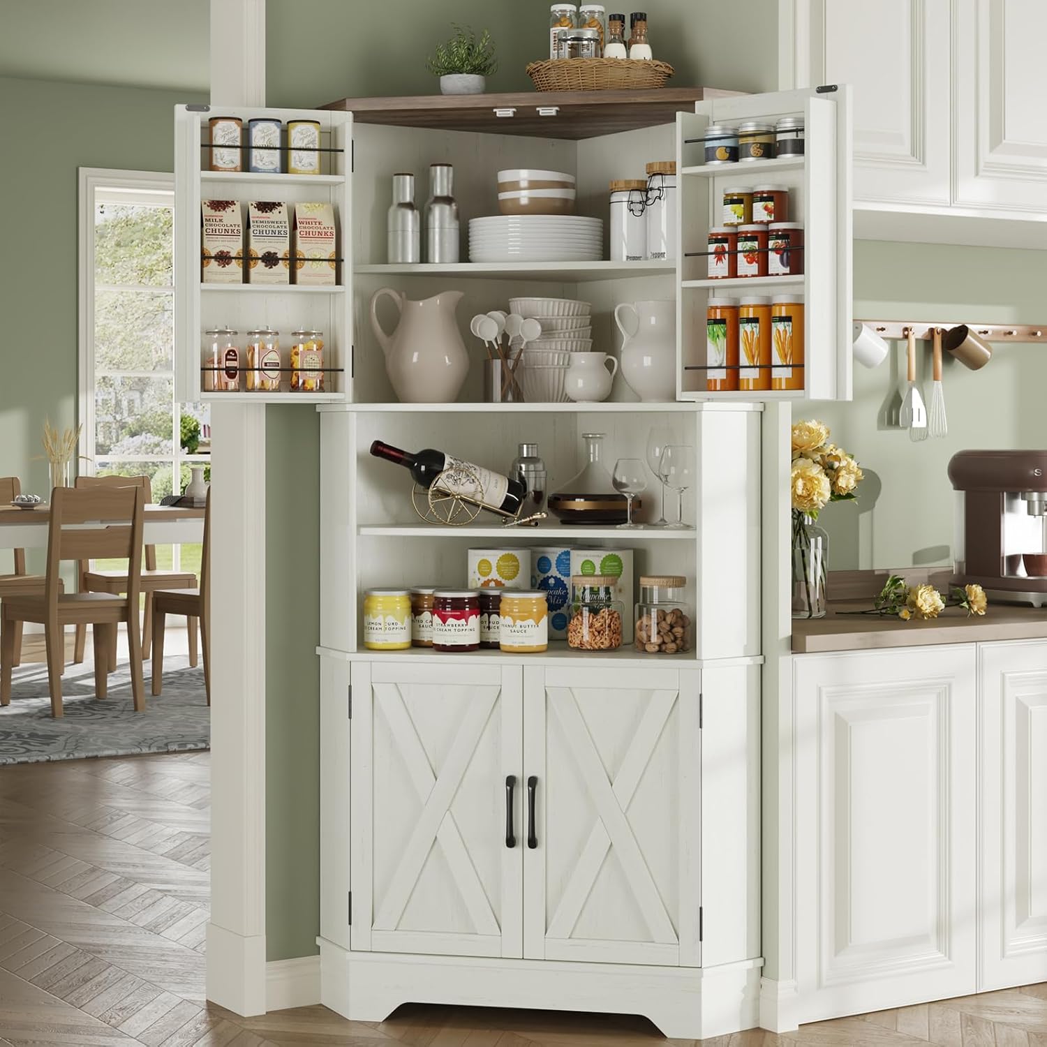 Food Storage Kitchen Cabinet - # コーナーキャビネット、高さ67インチのキッチンパントリー収納キャビネット、4つの納屋扉付き6段コーナーフードパントリーハッチ、カスタマイズ可能