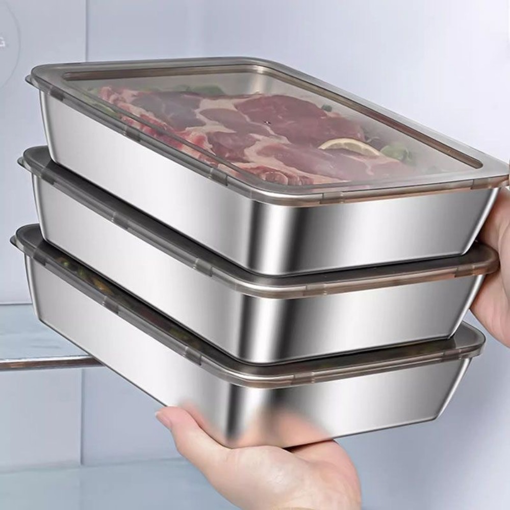 Food Storage Meals - 食品グレードのステンレス製サービングトレイ（蓋付き）、多目的な正方形収納容器、密閉型キッチンフードパン（カバー付き）