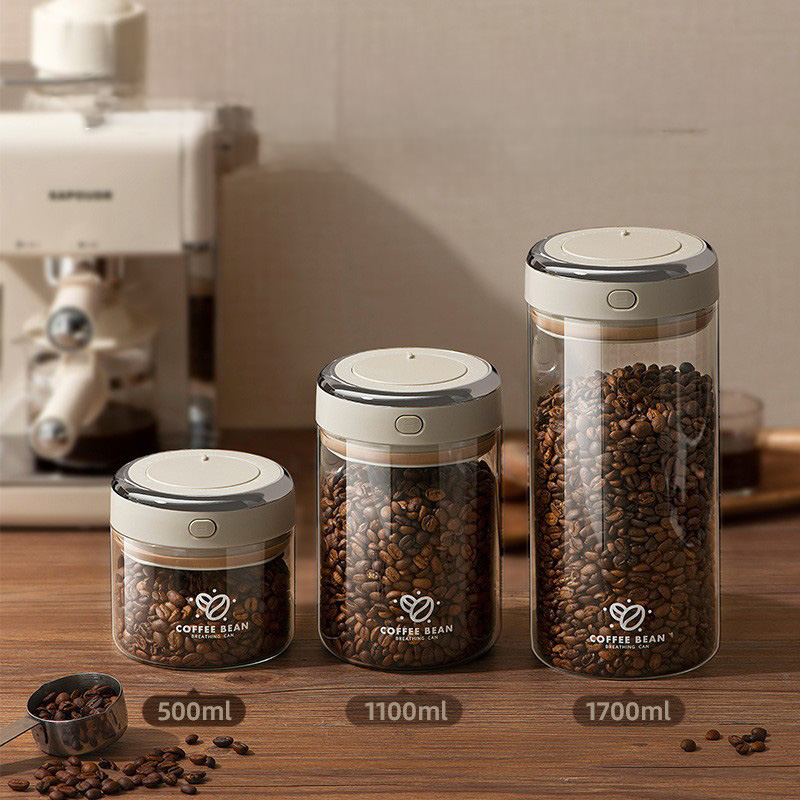 Food Storage Containers Glass - 500/1100/1700mlコーヒー豆真空密閉タンクCO2バルブ付きガラス食品保存瓶防湿気密容器