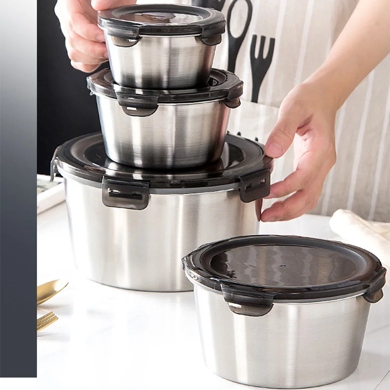Food Storage Containers B&M - 蓋付きステンレス鋼弁当箱、食品容器、鮮度保存ボックス、家庭用漏れ防止収納ボックス、1100ml、2200ml、600ml、304 ml