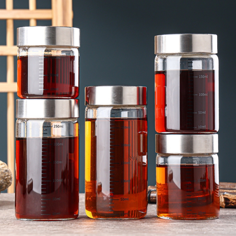 Food Storage Set Glass - 2 個 100-500 ミリリットルガラス保存カップポータブルシール肥厚高ホウケイ酸熱安定性液体保存カップスケール密封瓶