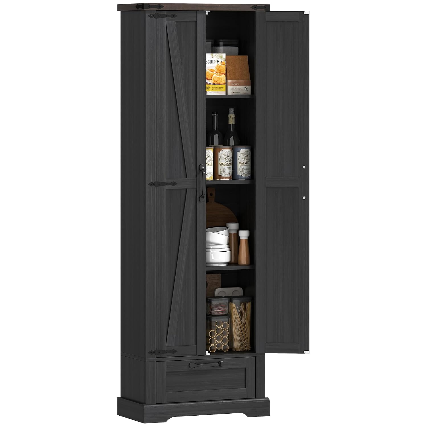Food Storage Kitchen Cabinet - 高さ71インチのキッチンパントリー収納キャビネット、納屋風扉と引き出し付き、ブラック | ファームハウス、調節可能な棚、自立型食品収納、カスタマイズ可能