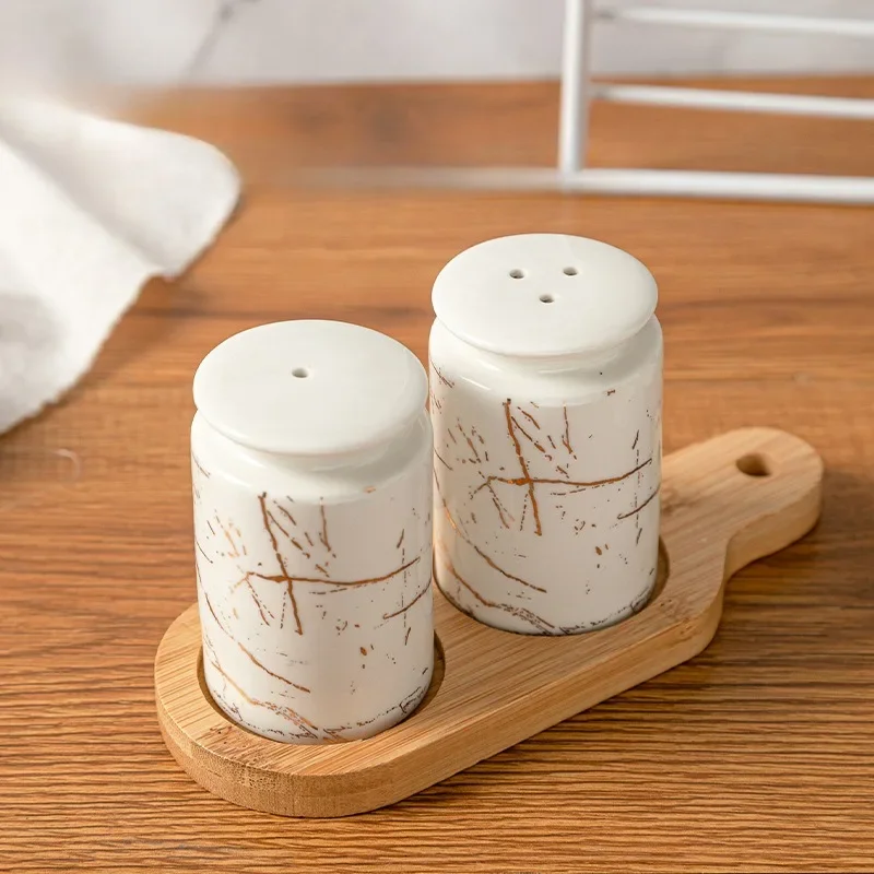 Herb Keeper Container - セラミックスパイスジャー調味料ボトル大理石模様の塩コショウ入れ木製トレイ容器ウェディングパーティーデコレーションキッチン