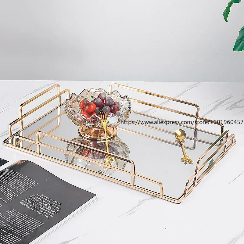Food Storage Set Glass - 北欧の大きな長方形のガラスミラートレイ、ゴールデンストローク、ティーカップ、ワインセット、コーヒーテーブル、装飾オーガナイザー、キッチン