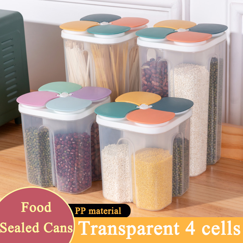 Airtight Cereal Jar - キッチンシリアル収納ボックスプラスチック4グリッドシリアル密封ジャー食品容器防湿穀物タンクスパゲッティキープフレッシュボックス