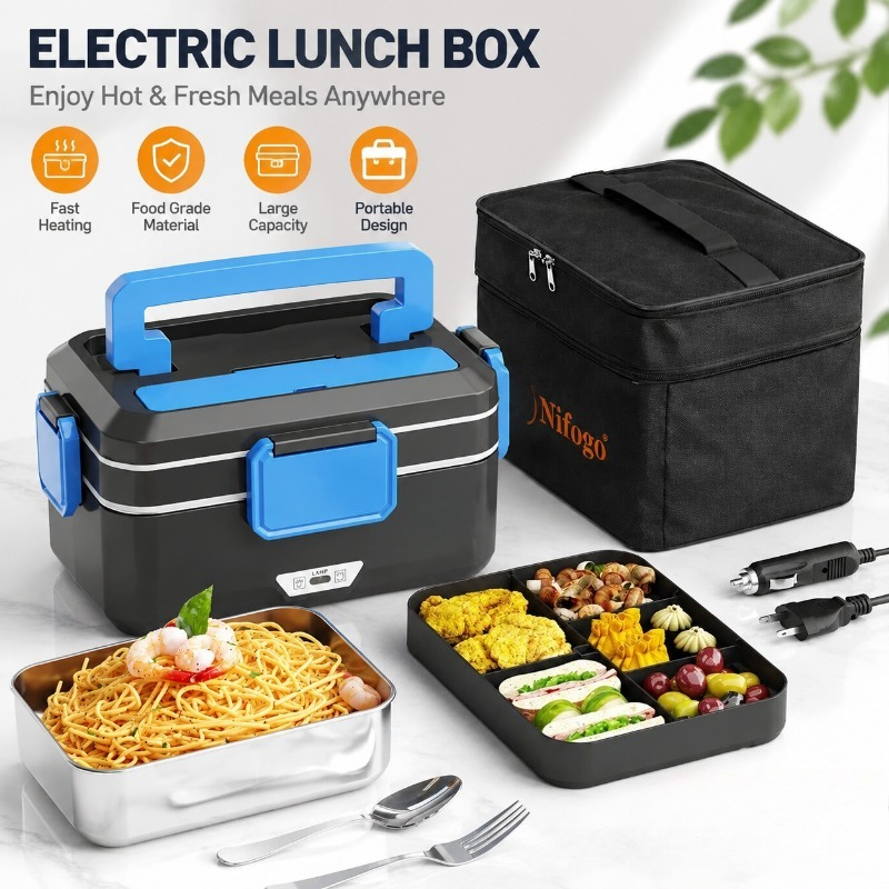Food Storage Warmer - デュアルユース電気加熱ランチボックス、12V車用＆家庭用プラグインフードウォーマー、304ステンレス製ポータブル加熱弁当箱（断熱バッグ付き）、オフィス、車、旅行用の急速加熱フードコンテナ