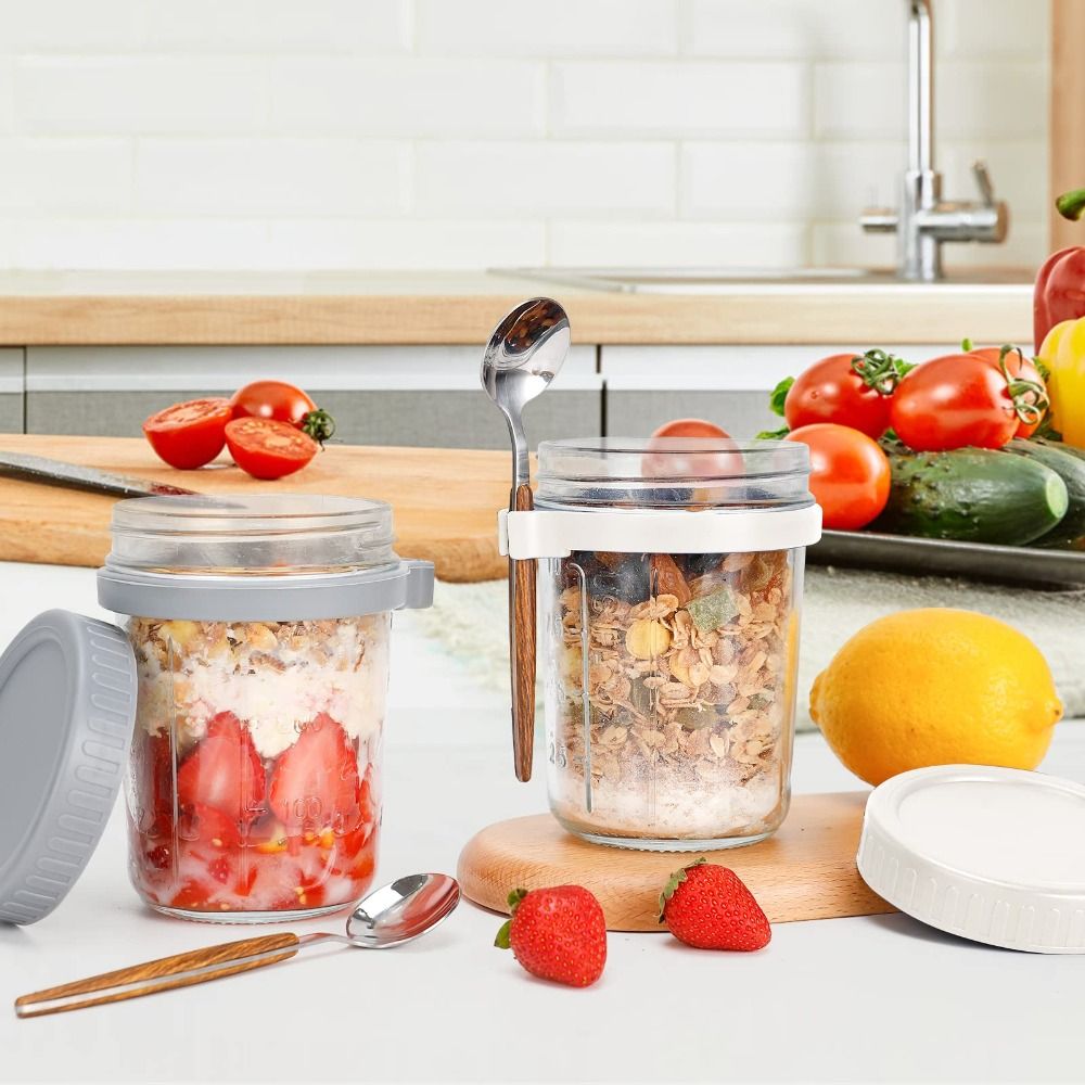 Food Storage Set Glass - ヨーグルトジャー 350ml オーバーナイトオーツジャー ガラス製 目盛り付き オートミール容器