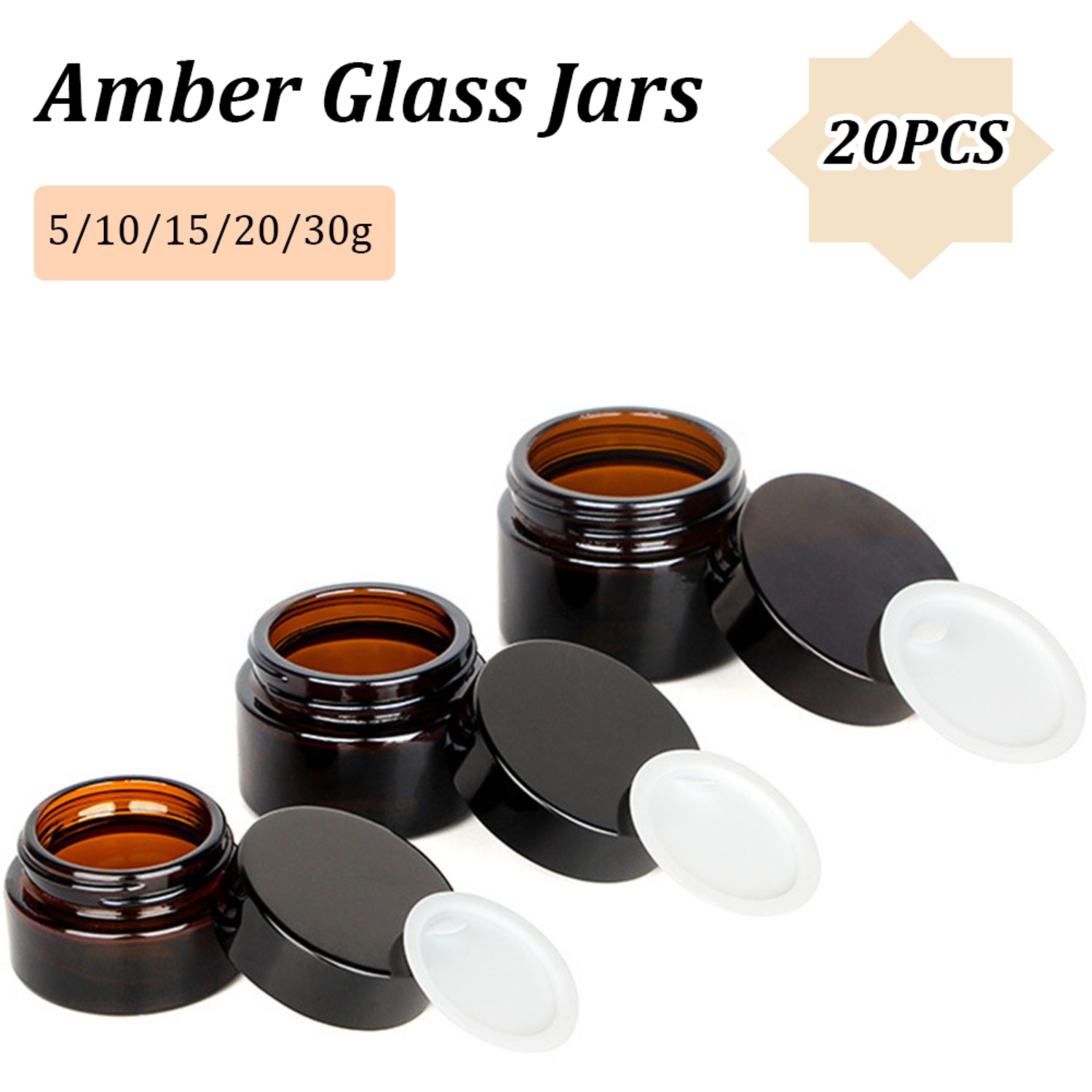 Food Storage With Glass Lids - 20 個の小さな琥珀色のガラス瓶、黒い蓋付き 5/10/15/20/30 グラムの空の丸い瓶、クリームローションキャンドルパウダー用のインナーライナー付き