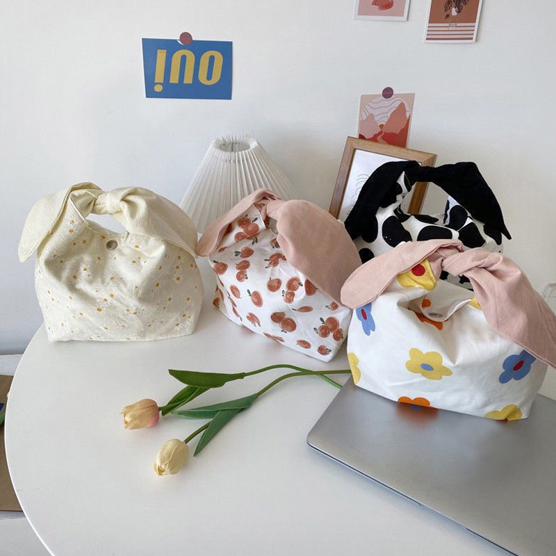 Food Storage Not Plastic - 1 個ランチバッグ綿弁当バッグピクニックトートかわいいエコ小さなハンドバッグポータブルウサギの耳食品保存袋屋外食器