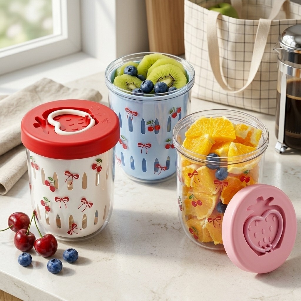 Food Storage Yogurt - プラスチック製サラダ容器 蓋付きストレーナー弁当箱 食品保存容器 子供用学校食事準備 フルーツヨーグルトカップ フォーク付き