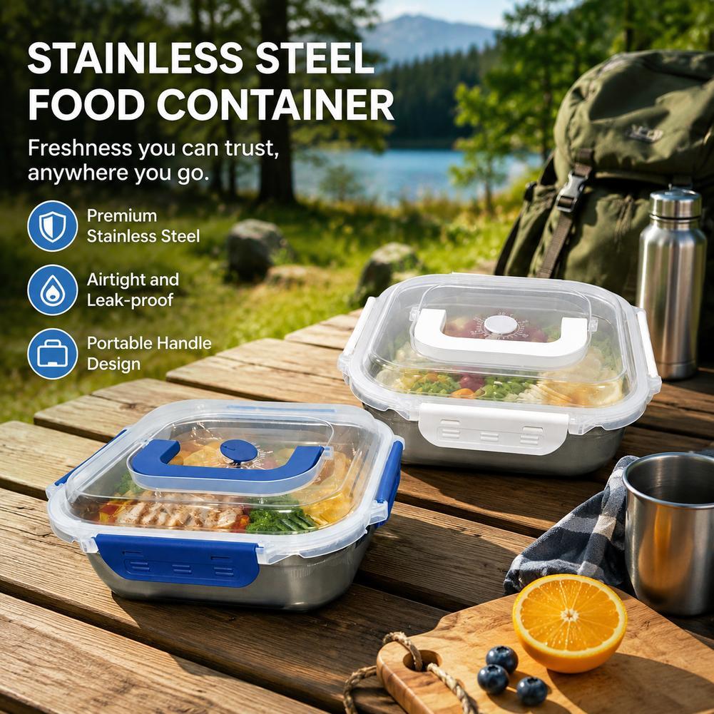 Food Storage Not Plastic - ステンレス製食品保存容器 気密漏れ防止ランチボックス ポータブルハンドル付き蓋 ピクニック キャンプ 食事準備オーガナイザー