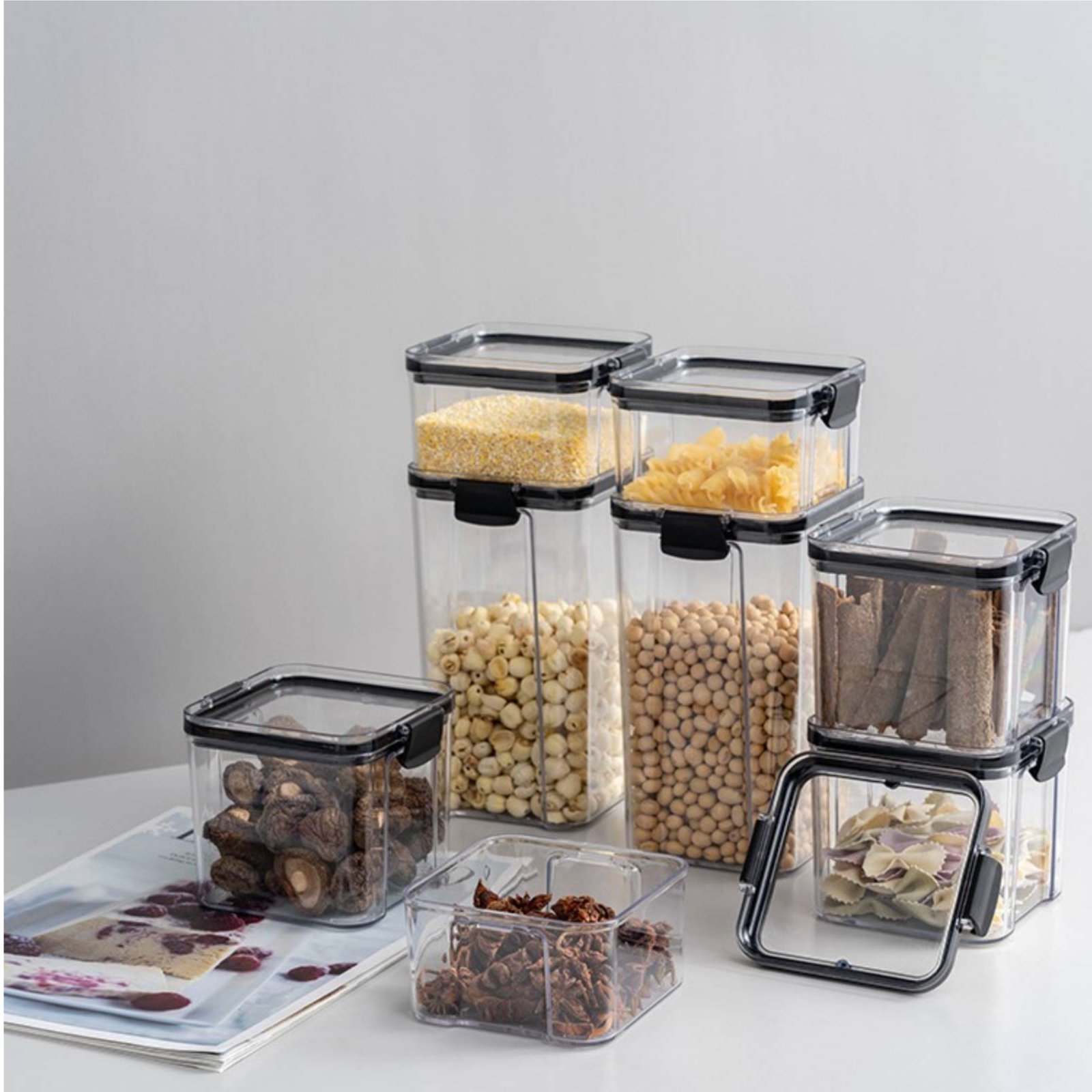 気密食品保存容器、防湿密閉穀物保存瓶、透明プラスチックキャニ - Food Storage Jars のレビューと価格