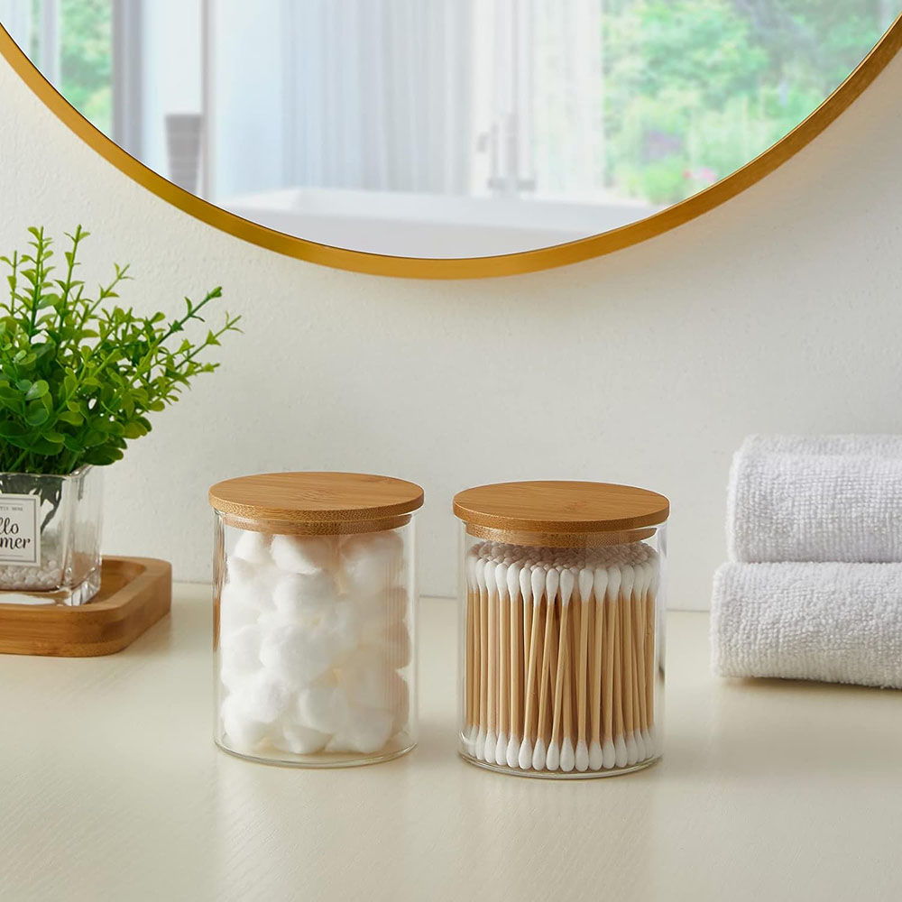ガラス製綿棒ホルダーディスペンサー、竹製蓋付き薬瓶、綿球、綿 - Food Storage With Glass Lids のレビューと価格