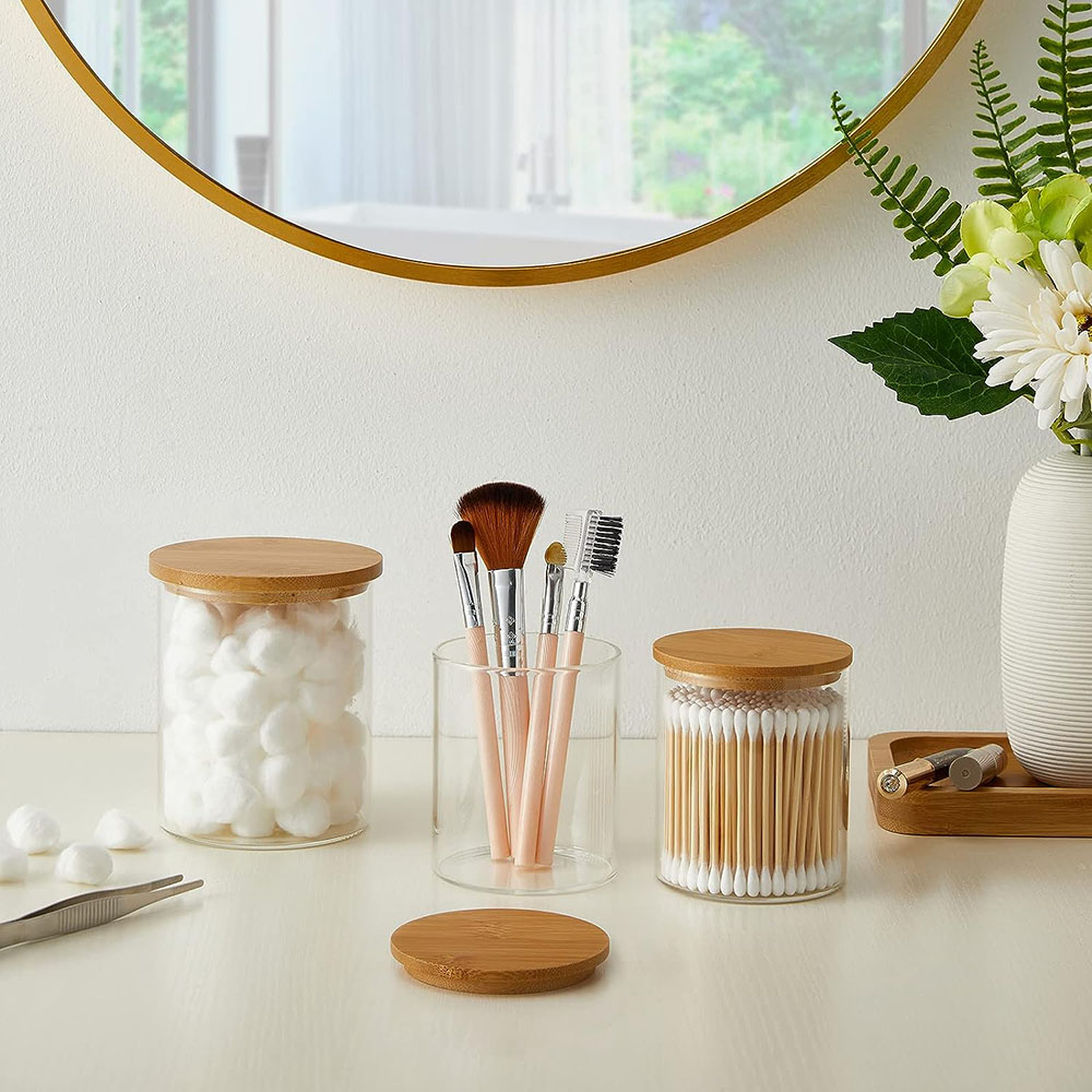 ガラス製綿棒ホルダーディスペンサー、竹製蓋付き薬瓶、綿球、綿 - Food Storage With Glass Lids のレビューと価格