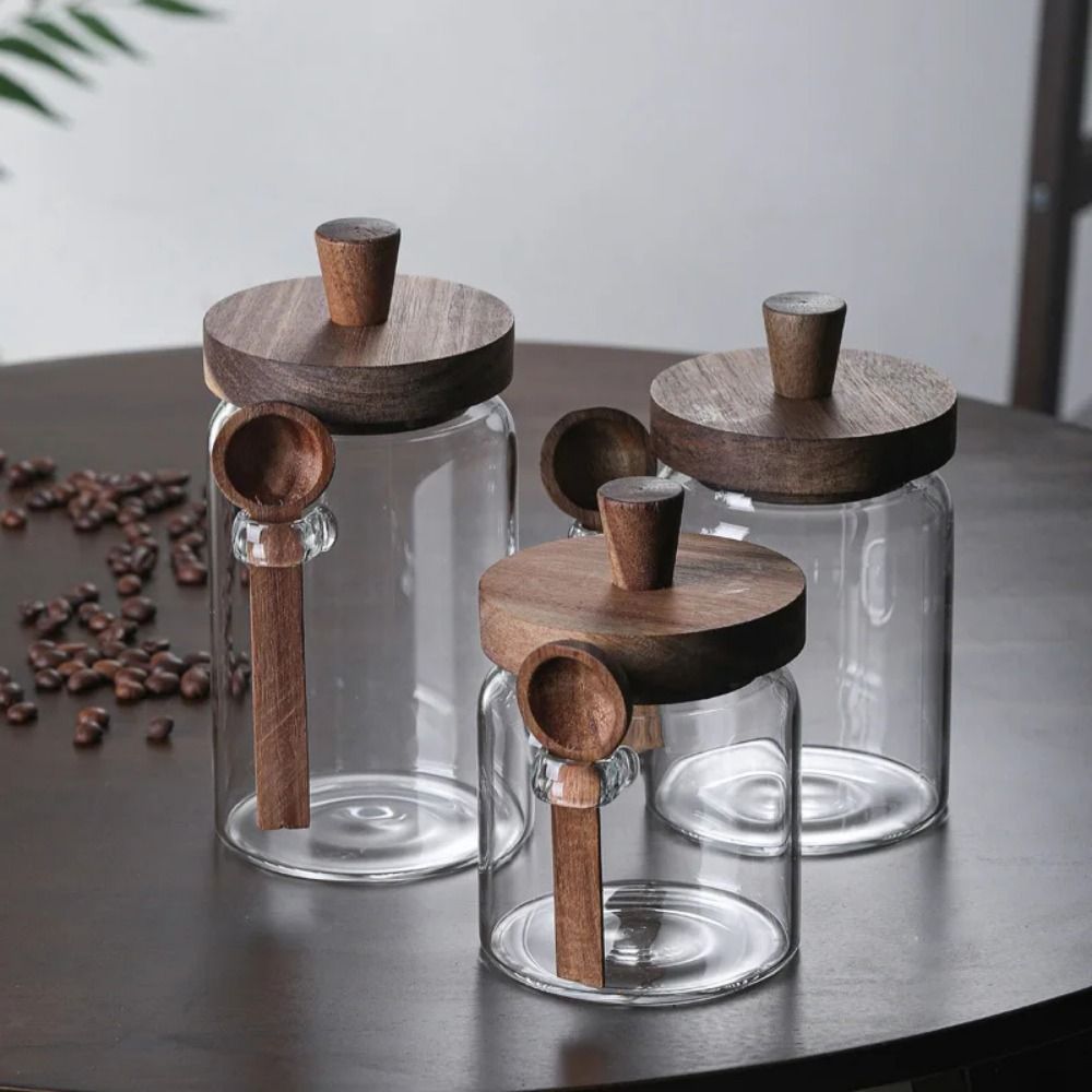 防湿コーヒー豆保存瓶 木製蓋付き トップハンドル ガラス密封 - Food Storage Set Glass のレビューと価格
