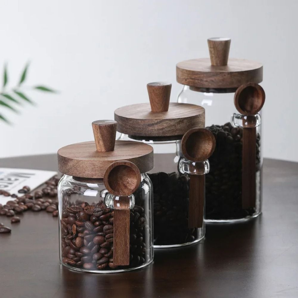 防湿コーヒー豆保存瓶 木製蓋付き トップハンドル ガラス密封 - Food Storage Set Glass のレビューと価格