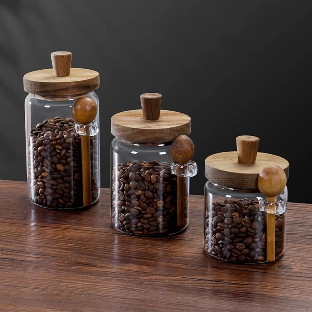 防湿コーヒー豆保存瓶 木製蓋付き トップハンドル ガラス密封 - Food Storage Set Glass のレビューと価格