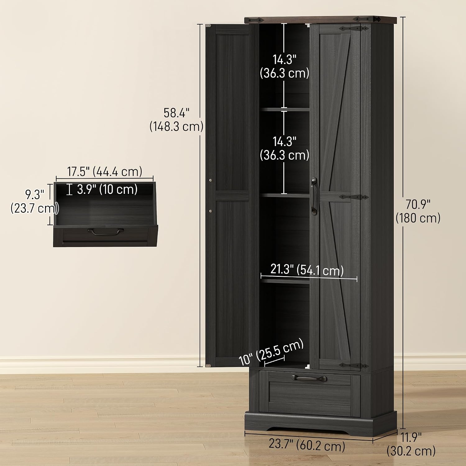 高さ71インチのキッチンパントリー収納キャビネット、納屋風扉 - Food Storage Kitchen Cabinet のレビューと価格