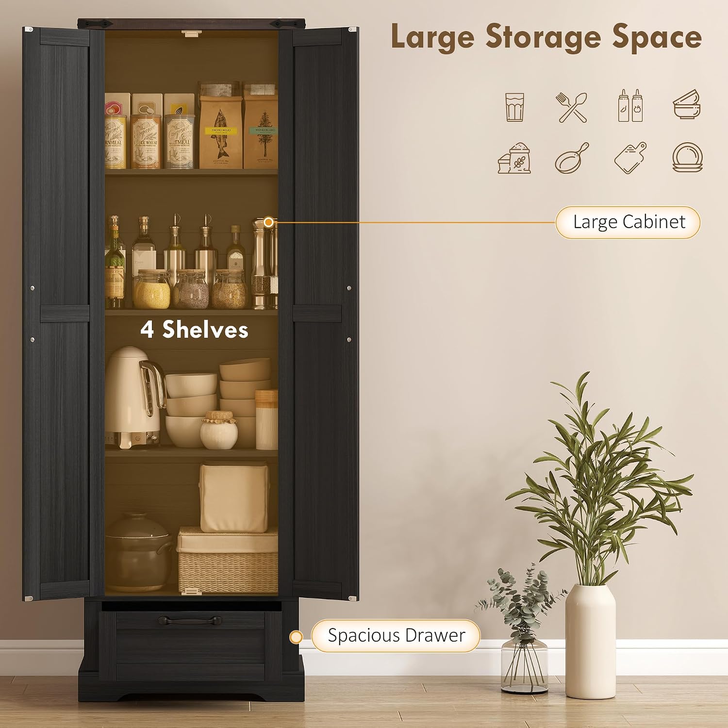 高さ71インチのキッチンパントリー収納キャビネット、納屋風扉 - Food Storage Kitchen Cabinet のレビューと価格