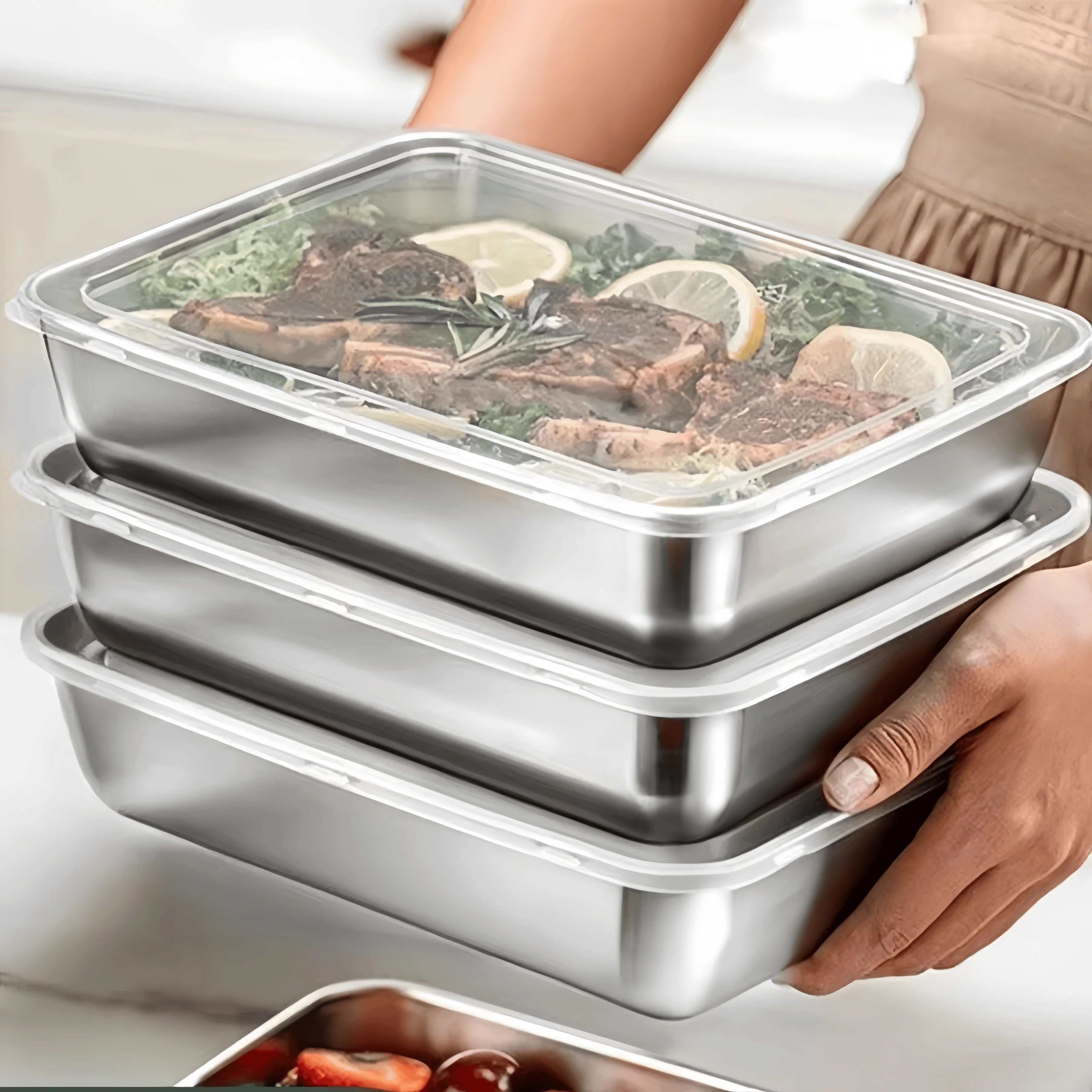 ステンレス製密閉型ランチボックス、鮮度保持長方形食品容器、蓋 - Food Storage For Refrigerator のレビューと価格